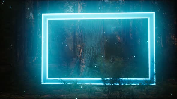 Neon Glowing Rectangle Frame in the Night Forest alt