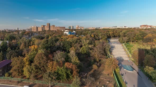 Aerial Panoramic View to a Staircase with Fountains in the Shevchenko Garden Timelapse