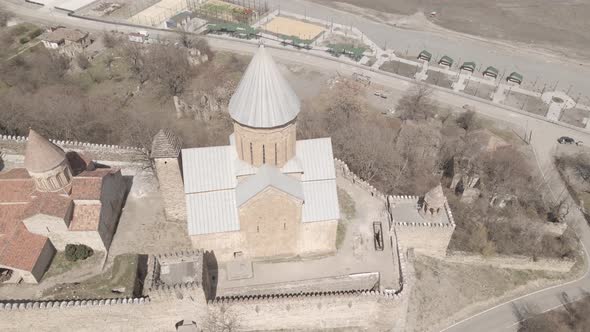 Aerial view of old Ananuri Fortress with two churches and picturesque view on river. Georgia 2021