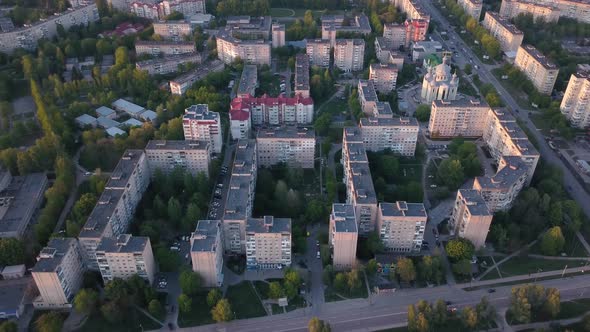 Drone panorama on 10 floors buildings of USSR multistory buildings. Residential blocks of high rise