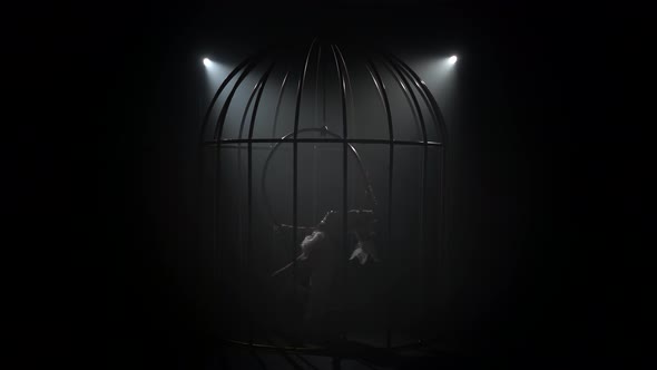 Gymnast a Performs on Stage in a Cage Spinning on the Air Hoop. Black Smoke Background. Silhouette