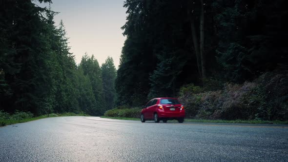 Red Car Passes On Forest Road