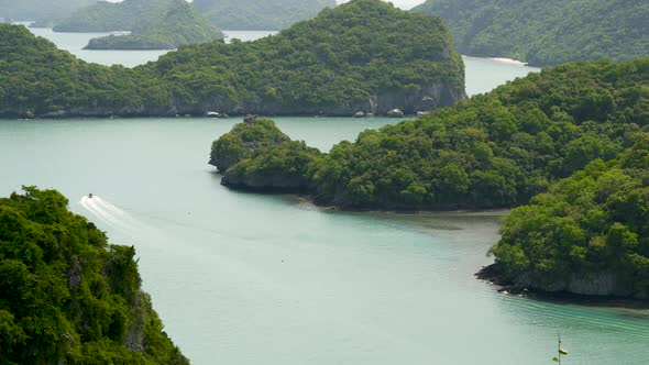 Bird Eye Panoramic Aerial Top View of Islands in Ocean at Ang Thong National Marine Park Near