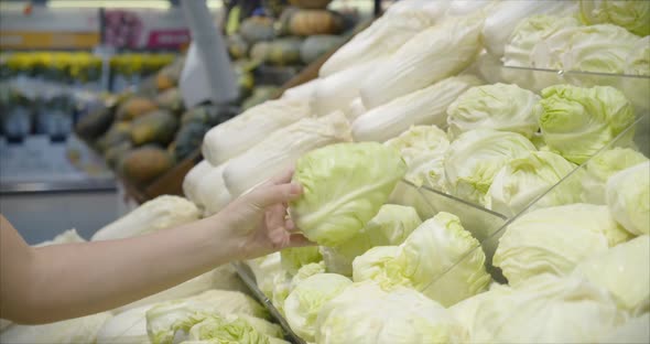 Girl Makes Purchases in the Supermarket, Healthy Food, Cabbage Salad in the Market, Supermarket