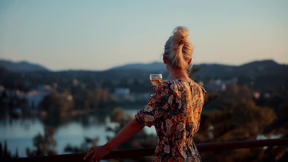 White Wine Drink. Relaxing On Island.Woman Drinking White Wine Holidays Vacation.