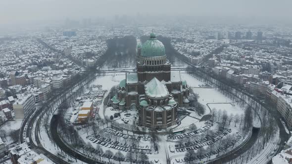 Aerial view of Basilique National du Sacre Coeur a Koekelberg, Belgium.