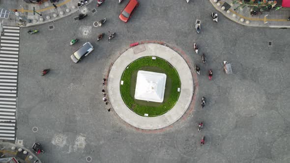 Top aerial view of Tugu Yogyakarta Landmark with busy traffic.