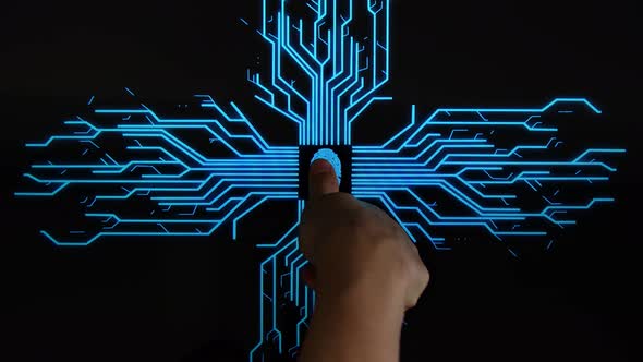 Human Finger Pushes Touch Fingerprint With Futuristic Artificial Intelligence
