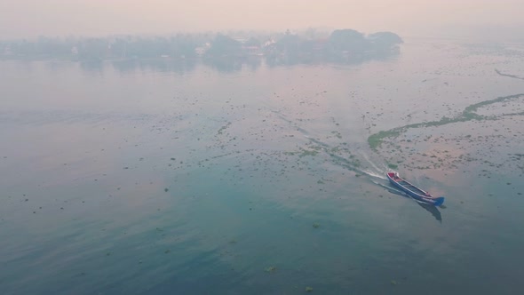 Fishing baot at sunrise, Fort Kochi, India. Aerial drone view