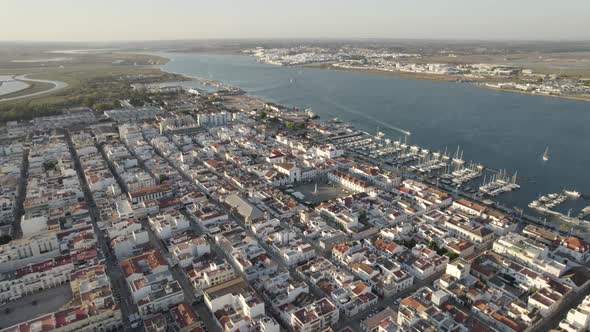 Vila Real de Santo Antonio city, Algarve, Portugal. Yachts moored at Marina by Guadiana River.