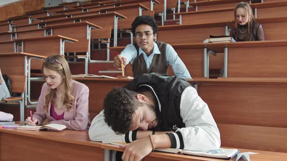 Bearded Young Student Sleeping at Class