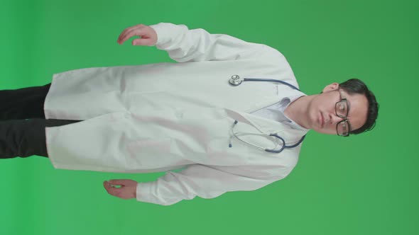 The Front View Of Asian Doctor With Stethoscope Walking On Green Screen Chroma Key