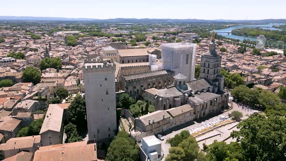 Drone shot of Palace of the Popes and Avignon Cathedral, France