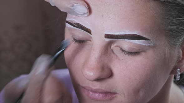 Eyebrow Tinting Procedure in Beauty Salon Master Corrects Brow Shape to Woman