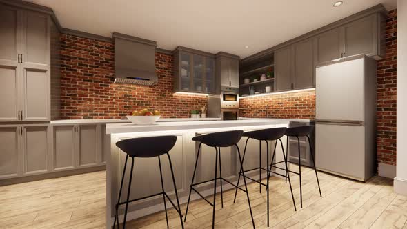 3d rendering. Interior house modern open living space with kitchen