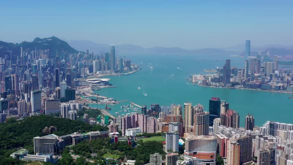 Drone fly over Hong Kong city