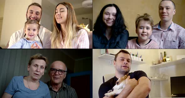 Different Families Are Communicating By Video Chat Online, Collage Video of Their Portraits