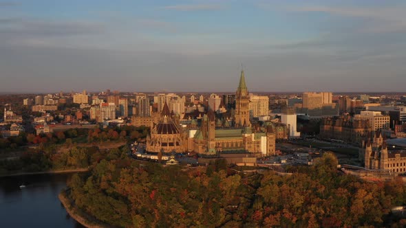 Parliament Hill Ottawa Canada Aerial Golden Hour