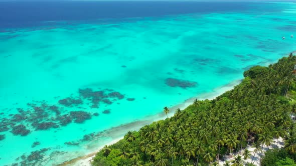 Aerial view travel of tranquil coast beach time by blue lagoon and bright sand background of a dayou