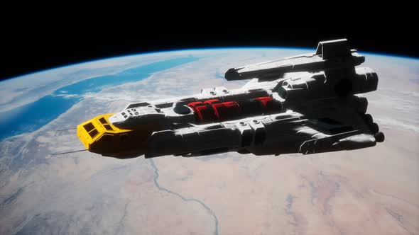 3D Illustration of a Spaceship in Orbit Around Planet Earth alt