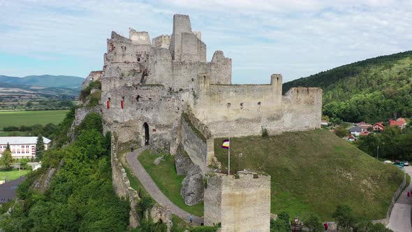 Aerial view of Beckov Castle in the village of Beckov in Slovakia