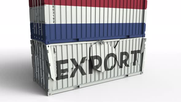 Container with EXPORT Text Being Crashed with Container with Flag of Netherlands alt