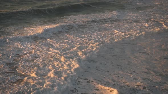 Waves Breaking Ocean Background, Orange Seascape with Copy Space, Coastal Scene from Aerial Drone Vi