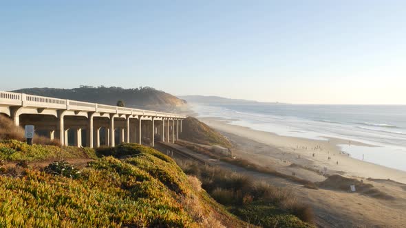 Bridge on Pacific Coast Highway Torrey Pines Beach Sunset California Road Trip