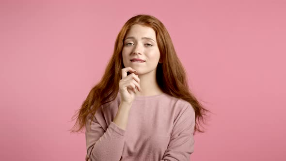 Thinking Woman Looking Up and Around on Pink Background. Happy Smiling Face Expressions. Pretty