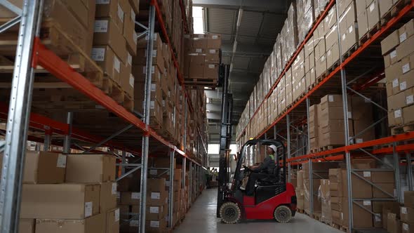 Forklift Operator Placing Load on Shelf in Storage