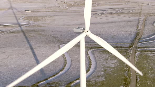 Aerial shots of wind turbines on a cold winter afternoon in Calhan, Colorado