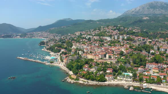 Aerial view on Herceg Novi town located at the entrance to beautiful Bay of Kotor, Montenegro