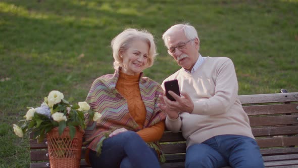 Handsome senior couple sitting on the bench with basket full of flowers and looking at mobile phone