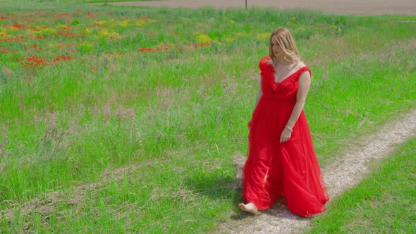 Beautiful Woman in Red Elegant Dress Walks on the Green Grass