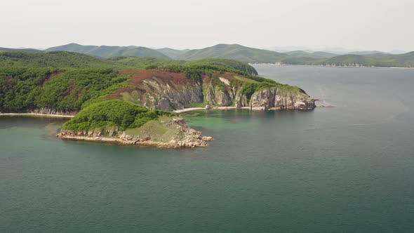 Drone View of the Rocks and Grottoes of Cape Kuzmin in the Gulf of Vladimir