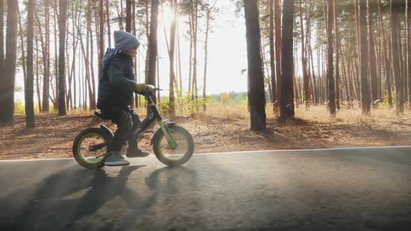 Little Boy Learning To Ride First Running Balance Bike