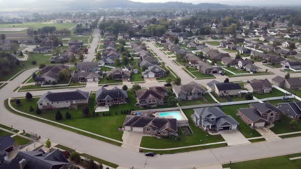 Aerial view of residential neighborhood in western Wisconsin. Perfectly landscaped properties.