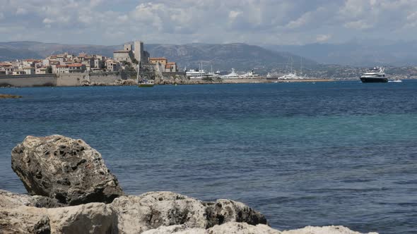 ANTIBES, FRANCE - JULY 2017 City fortress on French riviera with beautiful  blue sea