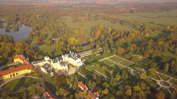 Aerial View of Town Lednice and Castle Yard with Green Gardens in Moravia Czech Republic