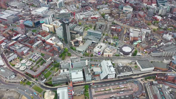 Aerial footage of the city centre of Sheffield in South Yorkshire in the UK