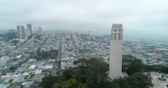 Aerial view San Francisco California USA Coit Tower Telegraph Hill on a cloudy day