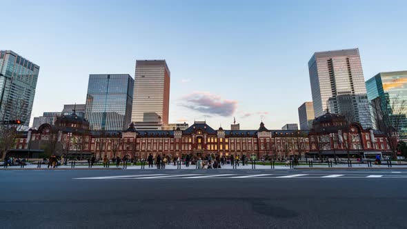 day to night time lapse of Tokyo Station in the Marunouchi business district, Japan