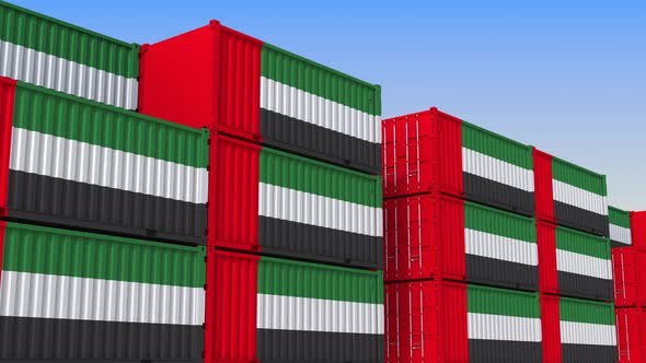 Container Yard Full of Containers with Flag of the UAE