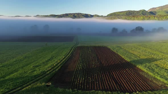 Flying over the foggy countryside