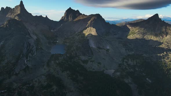 Aerial View of a Mountain Range with Sharp Peaks in the Siberian Park Ergaki