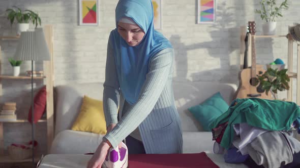 Portrait Beautiful Muslim Woman the Housewife Irons Linen