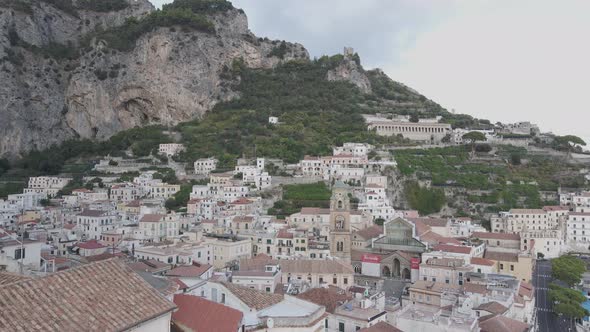 Aerial View of Picturesque Amalfi, Italian Town on Mediterranean Sea Coastline. Scenic City Under St