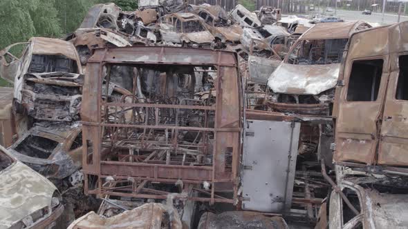 War in Ukraine a Dump of Burned Cars in Irpin Bucha District