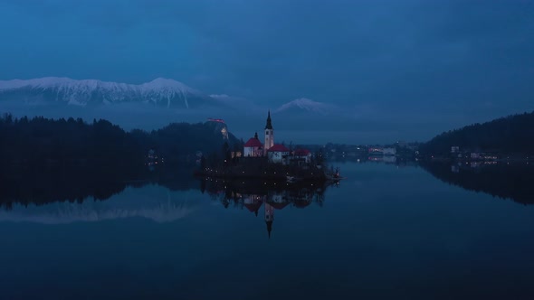 Bled Lake and Marijinega Vnebovzetja Church at Night