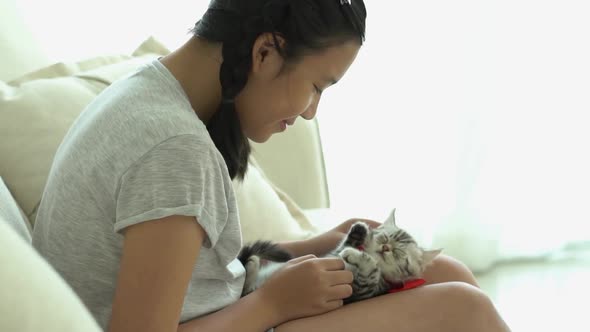 Beautiful Asian Girl Playing With Kitten On Sofa At Home